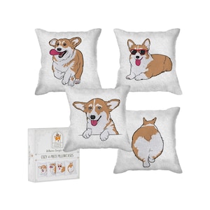 May include: Set of four white throw pillowcases featuring corgi dog illustrations in various poses. One pillow shows a corgi running, another with sunglasses, a third peeking over a ledge, and the last one from behind. A box set is also included.