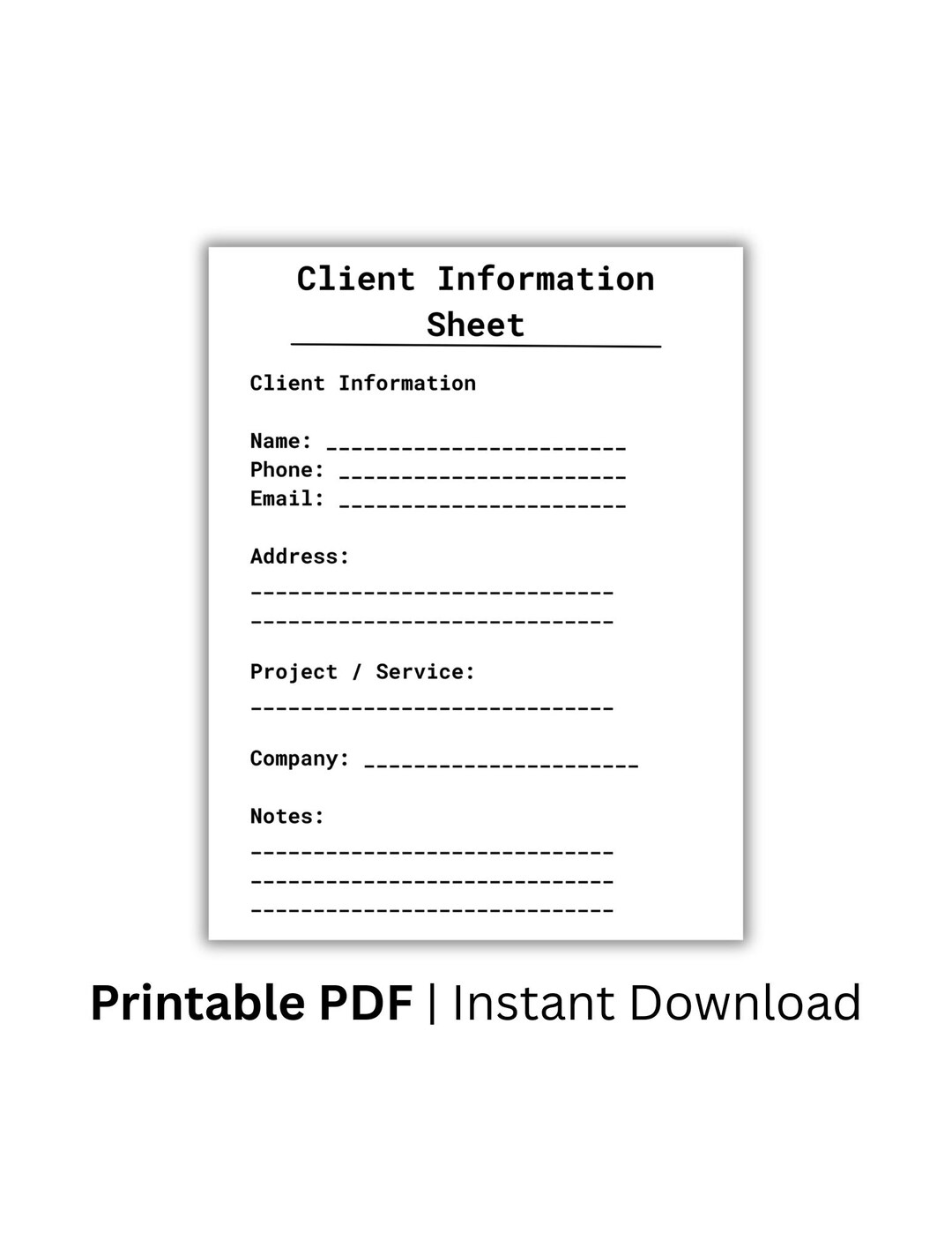 Client Info Client Information Sheet Printable, Client Info Template, Business ...