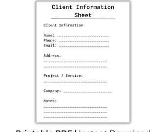 Client Information Sheet Printable, Client Info Template, Business Organizer, Client Record Sheet, Instant Download