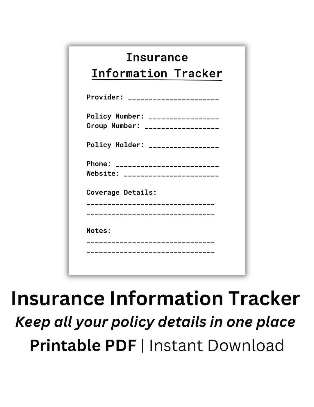 Insurance Information Sheet Printable, Policy Tracker, Insurance ...