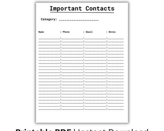 Important Contacts Sheet Printable, Contact List Template, Emergency Contacts, Address Book Page, Instant Download