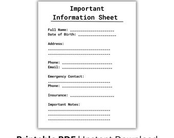 Important Information Sheet Printable, Home Binder Printable, Personal Info Organizer, Emergency Info Sheet