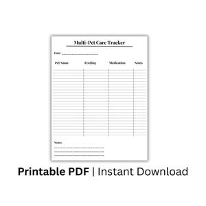 Peut inclure: Un document PDF imprimable intitulé "Multi-Pet Care Tracker". Le document comprend des sections pour la date, le nom de l'animal, l'alimentation, les médicaments et les notes. Le texte "Printable PDF | Instant Download" est affiché en bas de l'image.