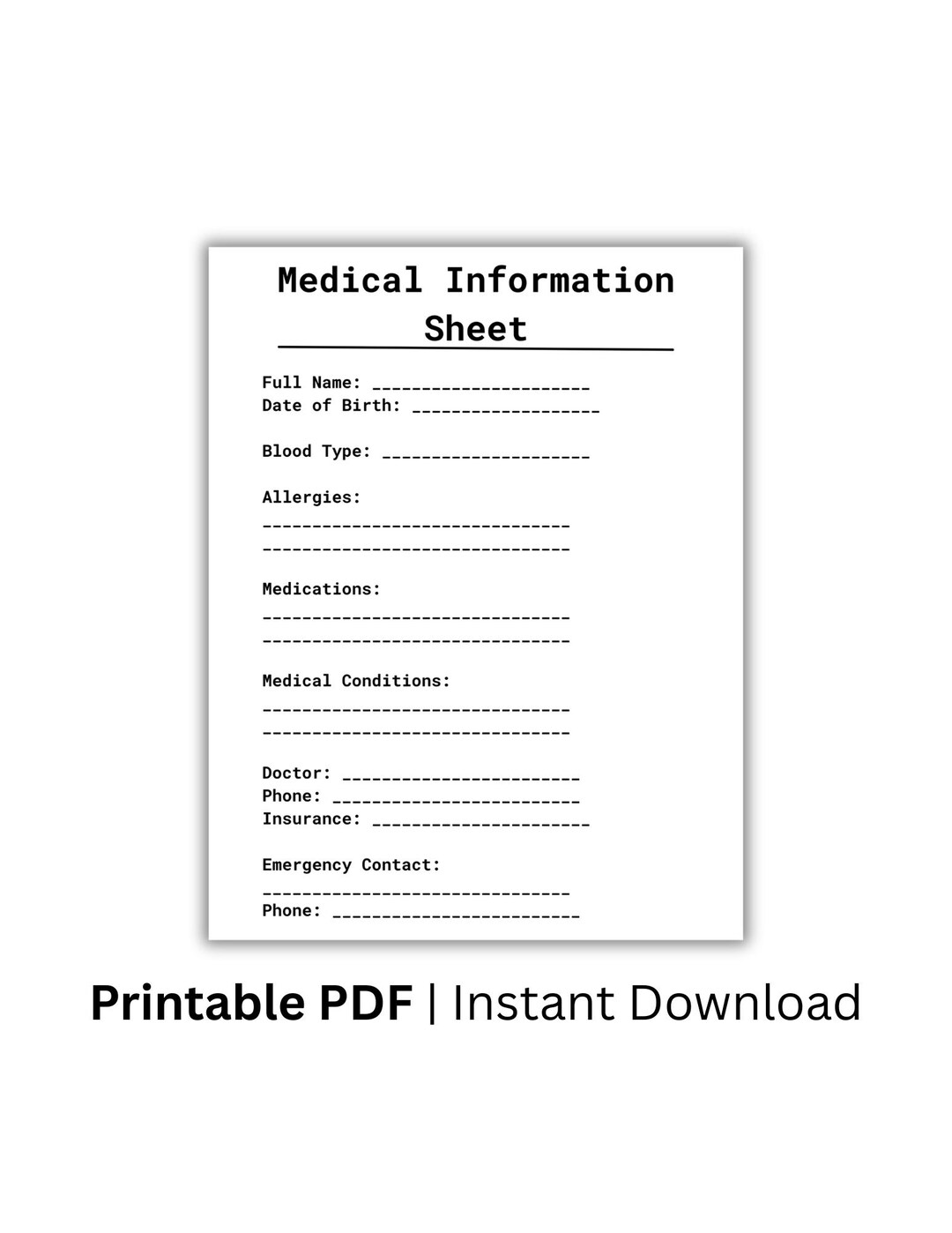 Medical Information Sheet Printable, Health Info Tracker, Emergency ...