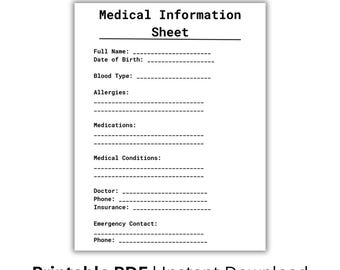 Medical Information Sheet Printable, Health Info Tracker, Emergency Medical Form, Personal Health Record