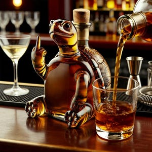 Handblåst glaskaraff med sköldpadda och whisky – Blyfri konstskulptur, bardekor