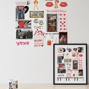May include: A Valentine's Day themed display featuring framed art, a mug, and wall decals. The art includes photos, film strips, and the text "I LOVE YOU," "be mine," and "Happy Valentine's Day." The mug and decals repeat the theme with hearts and romantic imagery.