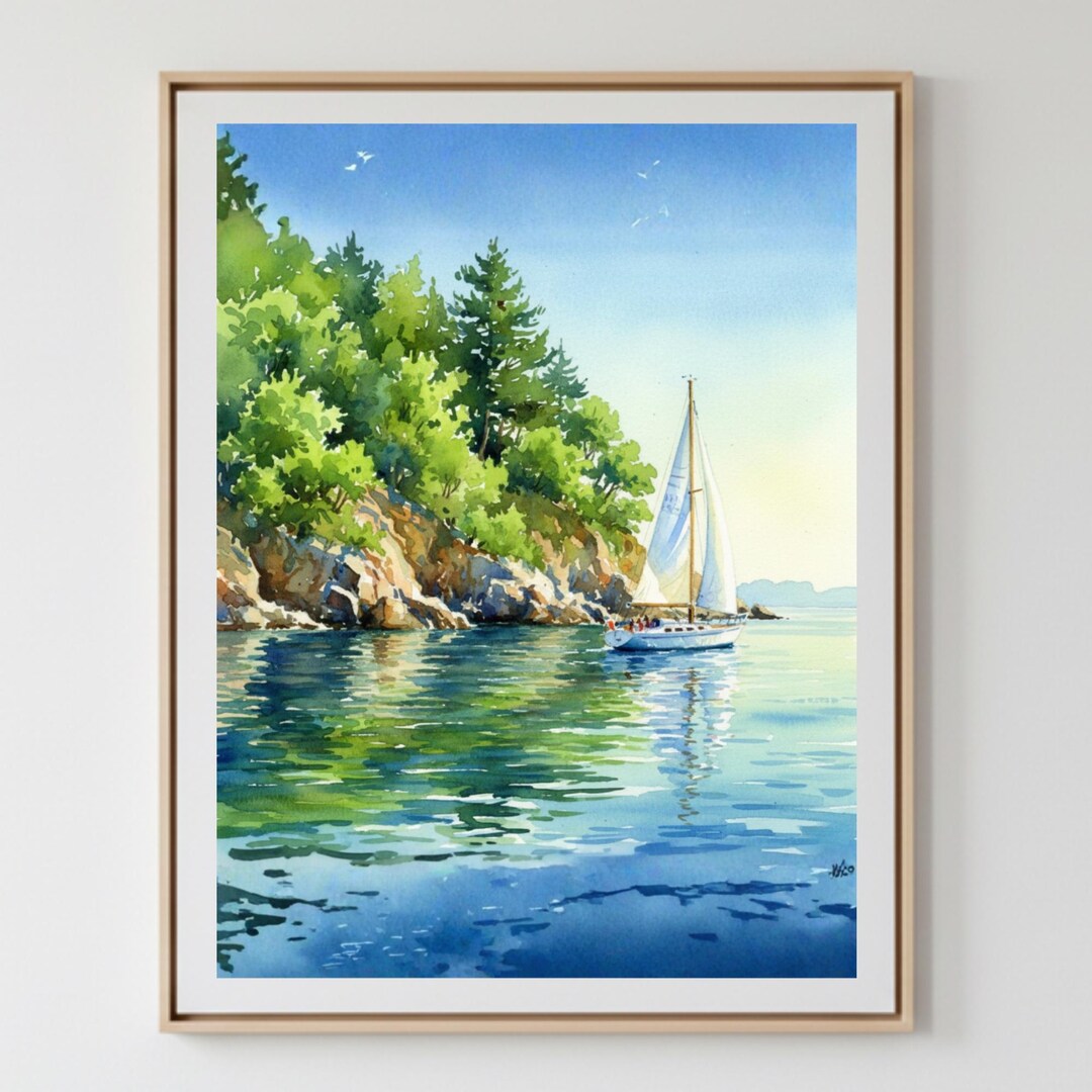 Sailboat Cove Watercolor Print | Calm Waters Coastal Art - Etsy