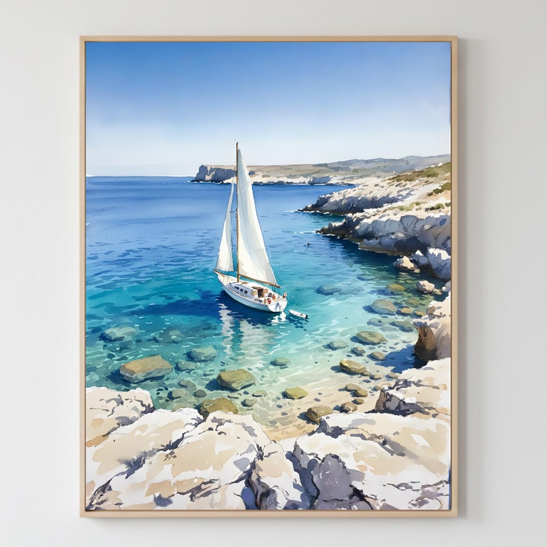 Sailboat Cove Watercolor Print | Mediterranean Coastal Wall Art - Etsy