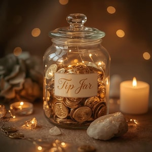 May include: A clear glass jar filled with gold coins and fairy lights, labeled "Tip Jar" in elegant script. A lit candle and decorative crystals are nearby, creating a warm, inviting atmosphere. The jar has a glass lid.