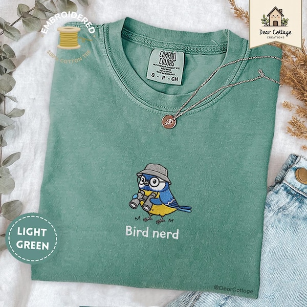 Bird Nerd Blue tit Embroidered Comfort Colors T-shirt | Bird Watcher Gift, Bird lover gift, Nature lover gift, Birder, Cottagecore