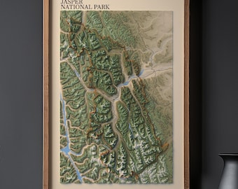 Impression de carte topographique du parc national Jasper - affiche de style relief 3D - art mural Rocheuses canadiennes