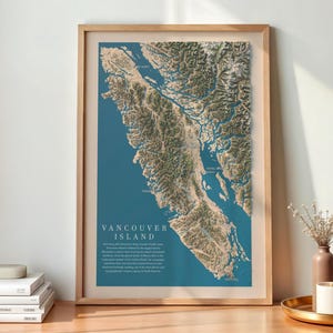 May include: A framed topographic map print of Vancouver Island featuring a detailed relief of the terrain in shades of brown and green set against a deep blue ocean background with the text Vancouver Island printed in white at the bottom.