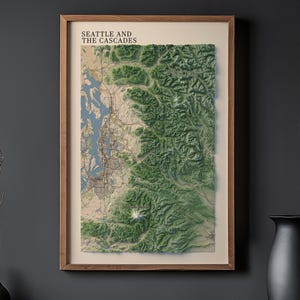 Seattle Cascades 3D Relief Map, Mount Rainier Topographic Poster, Pacific Northwest Art