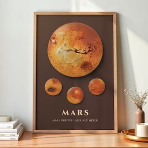 May include: A vertical rectangular poster in a light wood frame featuring a large circular image of the planet Mars at the top, three smaller circular images of Mars below it, and the text MARS MARS ORBITER LASER ALTIMETER in white.