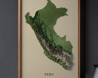 Peru Karte Relief Kunst | Anden Terrain Topographisches Poster | Südamerika Wanddekor | Landkarte Kunst