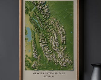 Mapa topográfico del Parque Nacional Glaciar / Póster de arte mural con relieve del terreno de Montana