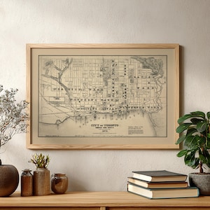 May include: A framed historical map titled City of Toronto showing ward boundaries from 1873. The print features detailed black ink street layouts and geographical markings on a beige background, encased in a light-colored wooden frame.