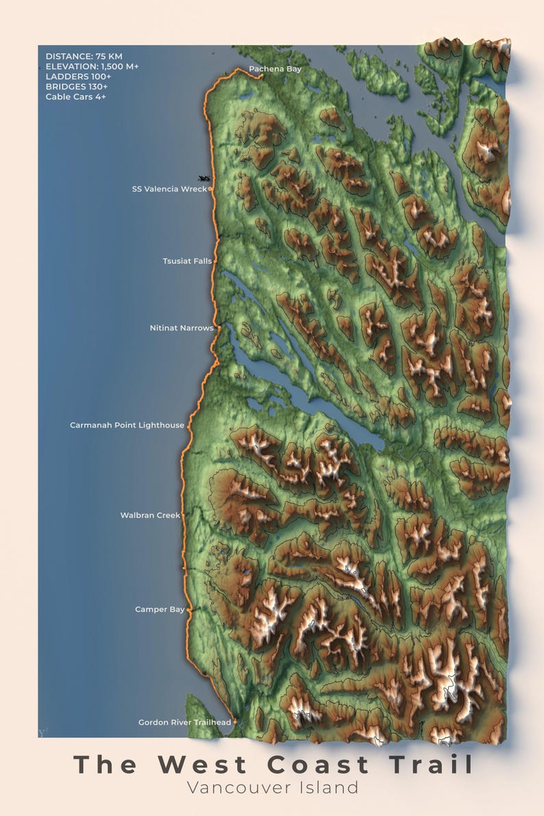 West Coast Trail Map | Vancouver Island Topographic Art Print - Etsy