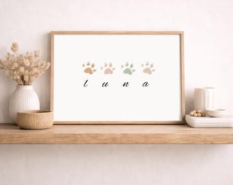 足跡プリント入りパーソナライズペット名ウォールアート、カスタム犬または猫名ギフト、デジタルダウンロード