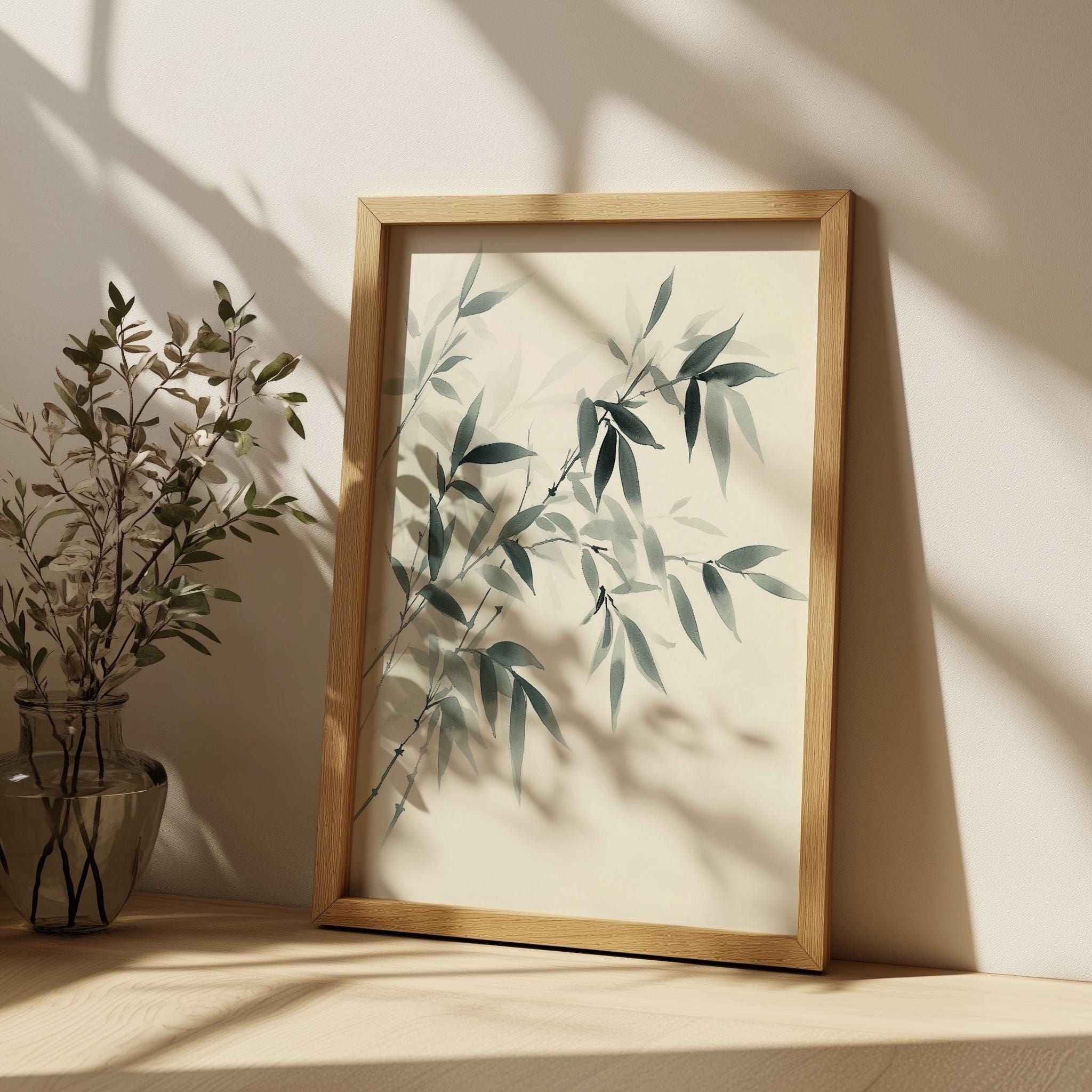 ミニマルな竹の枝のイラスト、モダンな水墨画風植物画（デジタル