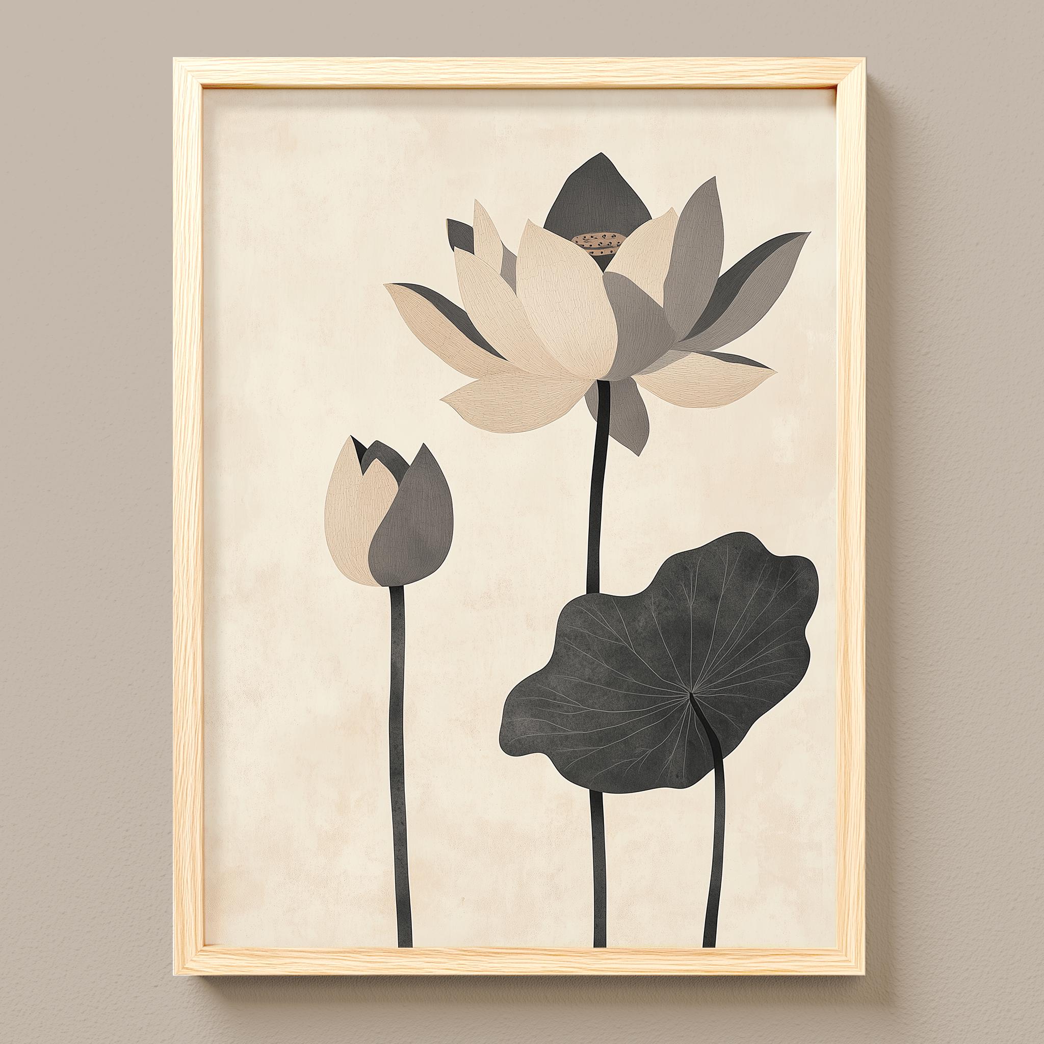 Tall Lotus Botanical Print, Minimalist Modern Art With Leaf and