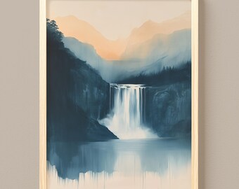 Arte de cascada Japandi, paisaje sereno en acuarela de tonos neutros, decoración de pared relajante (descarga digital) 898