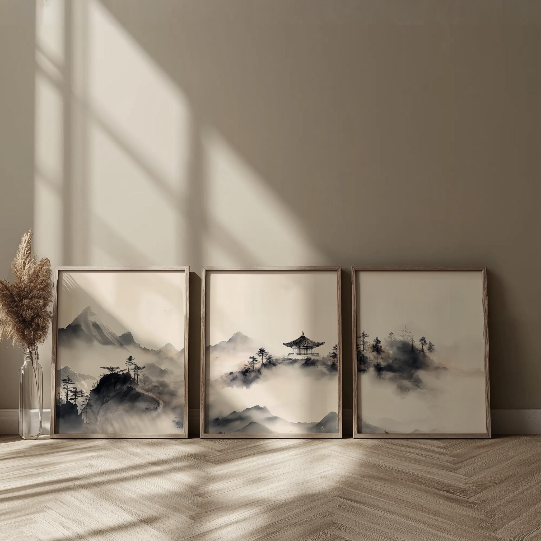 Sumi-e Ink Wash Landscape Triptych Set: Asian Zen Mountain Art