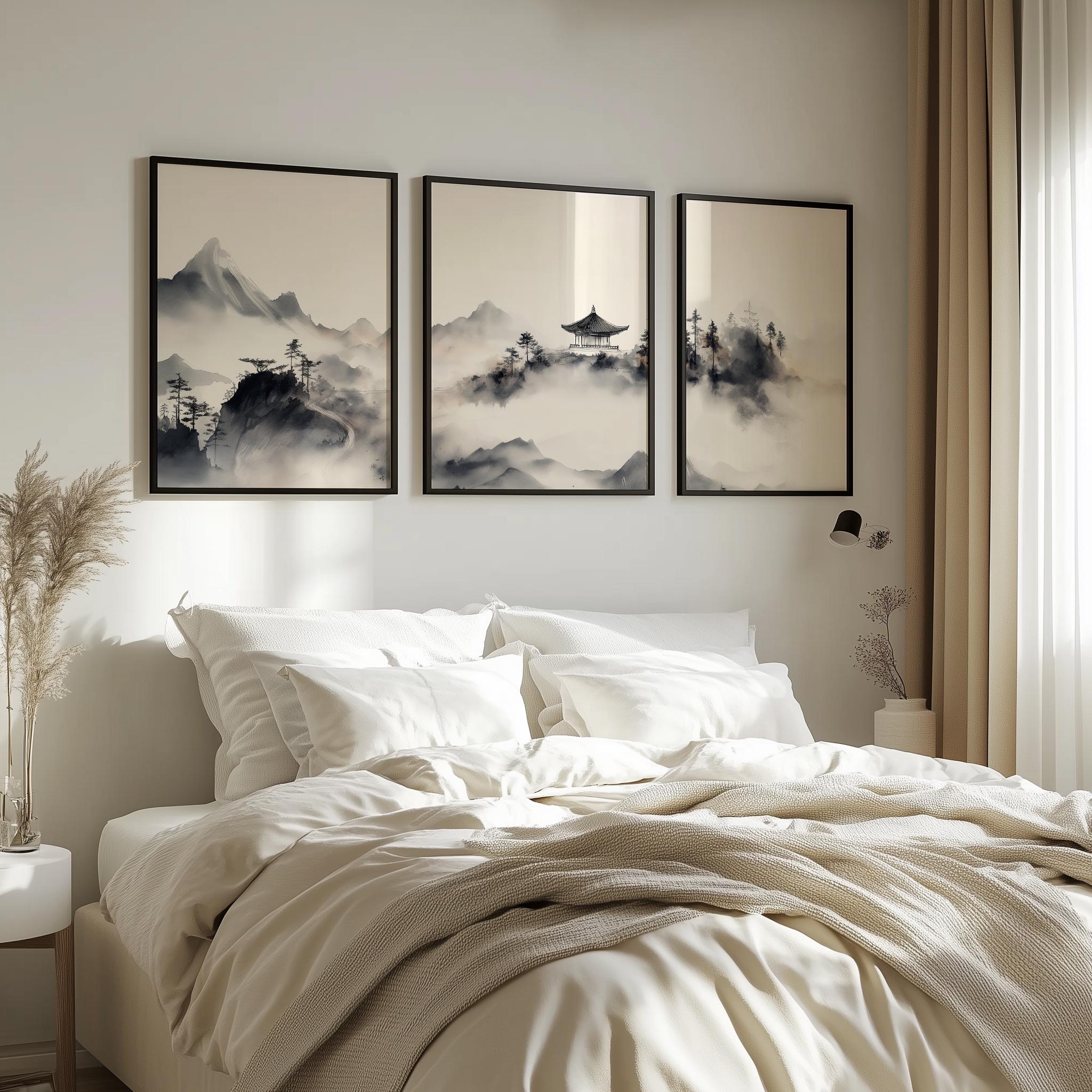 Sumi-e Ink Wash Landscape Triptych Set: Asian Zen Mountain Art