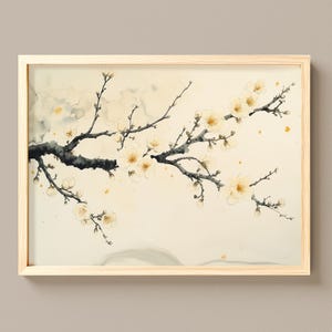 墨絵「花咲く枝」アート、ミニマルな日本の水墨画（デジタルダウンロード）882