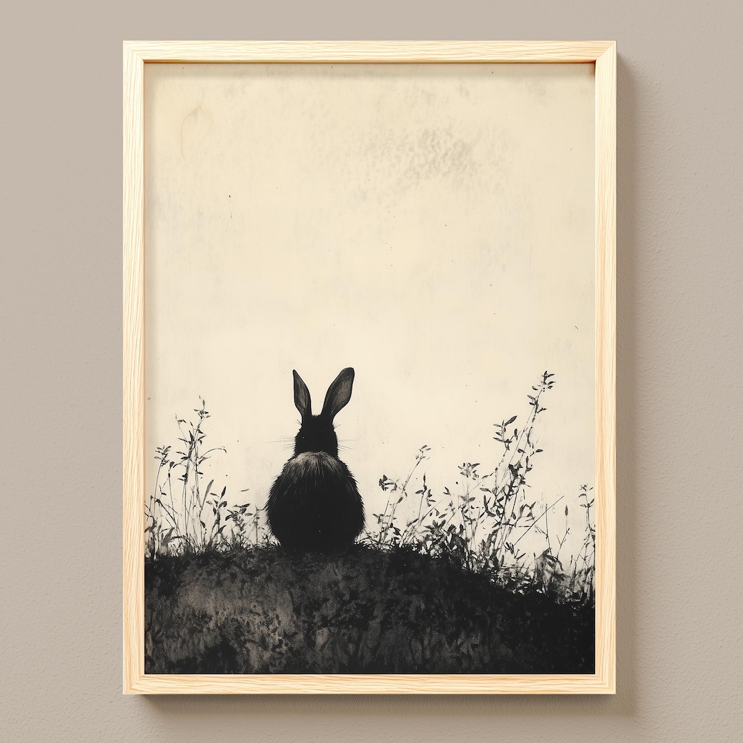 Japanese Monochrome Rabbit Art, Moody Ink Illustration, Cottagecore ...