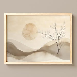 Paisaje abstracto minimalista con sol texturizado y árbol sin hojas (descarga digital) 599