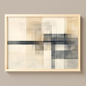 Minimalistisk abstrakt geometrisk konst - Modern Bauhaus-inspirerad akvarell med marinblå och neutrala överlappningar, utskrivbar väggkonst för nedladdning 264