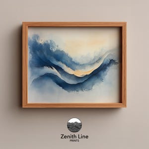 Modern Abstract Watercolor Art - Indigo Arcs in Smoky Blue Waves, Moody Coastal Print, Minimalist Ocean Scene, Printable Wall Decor 397