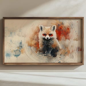 Rustic Tanuki Watercolor Portrait, Cozy Frame TV Art, Neutral Cottagecore Decor, Soft Blue-Gray Accents, Instant Digital Download 773