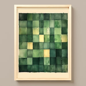 Abstract Green Grid Art, Minimalist Modern Watercolor Painting (Digital Download) 1114
