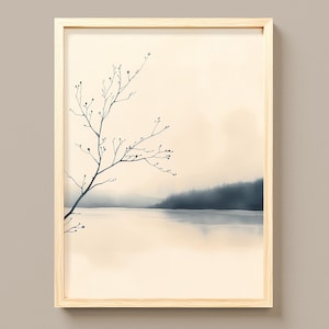 Arte minimalista escandinavo, Serena rama en acuarela y lago brumoso, Descarga digital 523