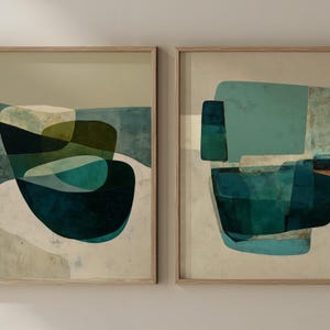 Modern Mid-Century Abstract Wall Art Set of 2: Teal Organic Shapes (Digital Download) 1292