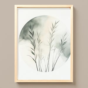Arte minimalista imprimible de juncos en acuarela: tallos de hierba relajantes, decoración japonesa neutra, pintura botánica moderna, arte mural digital 101