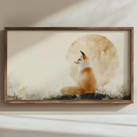 Minimalist Red Fox Watercolor Frame TV Art, Rustic Zen Decor