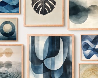 Conjunto de 8 láminas de arte mural abstracto y botánico moderno en tonos azules (descarga digital) 1058