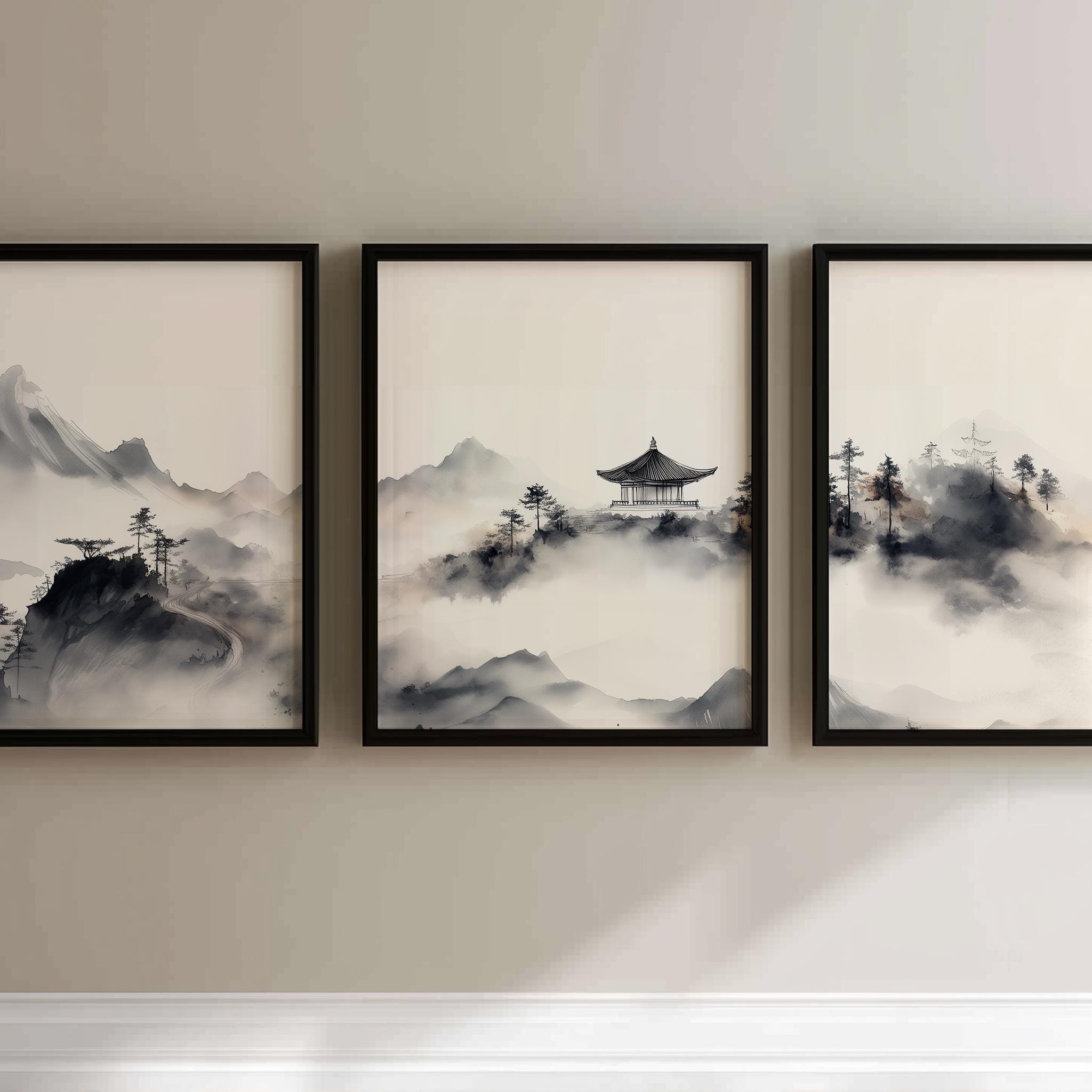 sumika Landscape 3 3.5 セット売り Sumi-e Ink Wash Landscape Triptych Set: Asian Zen Mountain Art