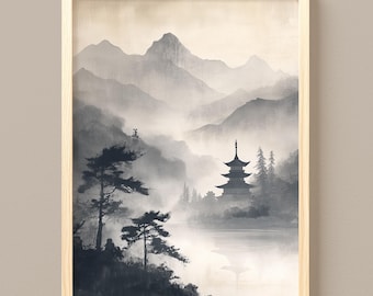 Zenpagode silhouet, mistig berglandschap inktkunst, serene muurdecoratie (digitale download) 54