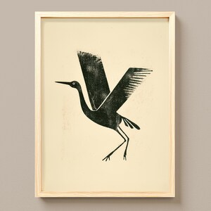 Arte Escandinava de Garça, Gravura Minimalista Vintage em Linogravura de Pássaro (Download Digital) 1374