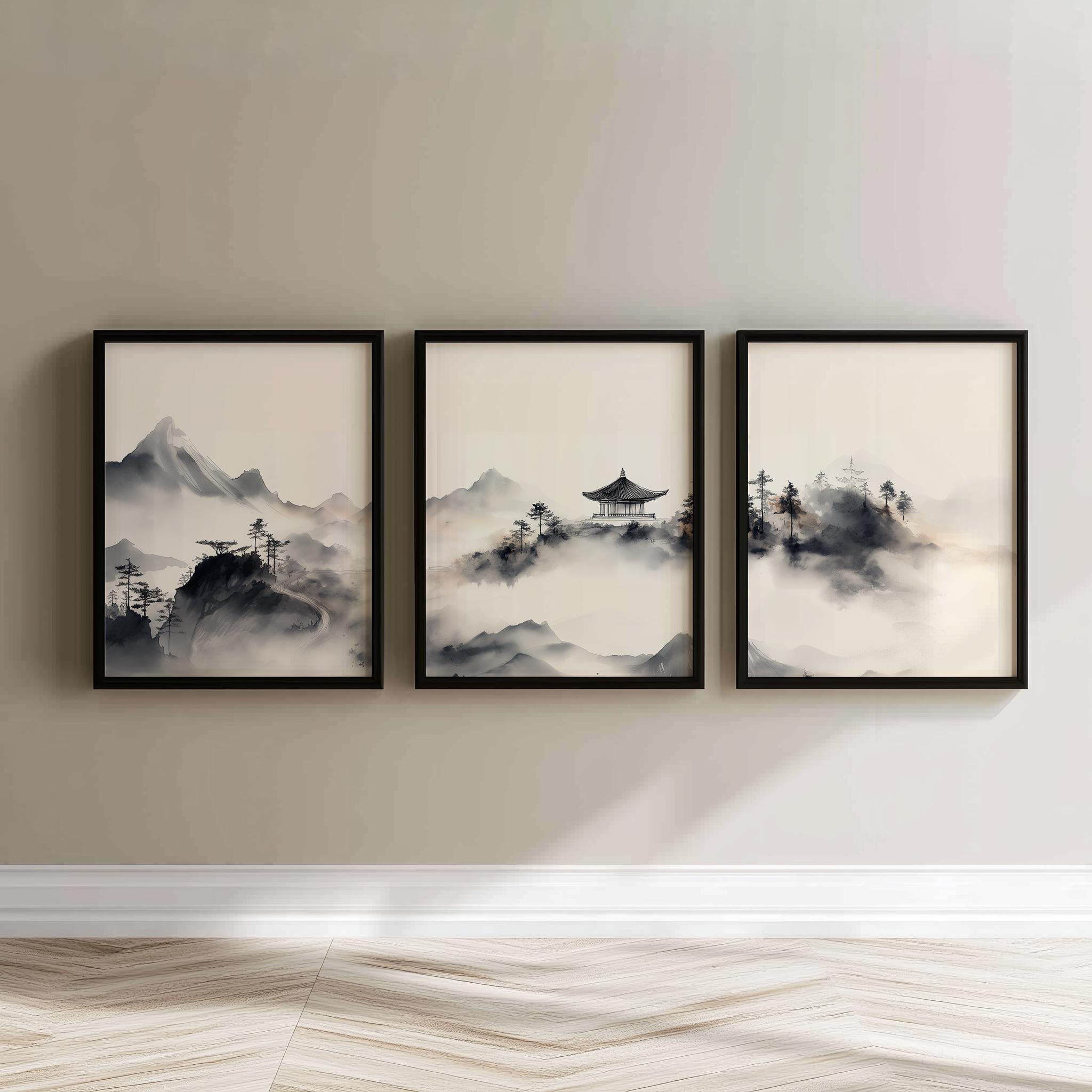 Sumi-e Ink Wash Landscape Triptych Set: Asian Zen Mountain Art