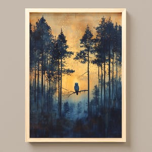 Moody Japanese Owl Twilight Printable Art - Serene Japandi Watercolor Night Scene, Deep Indigo Tones in Pine Grove, Digital Download 1008