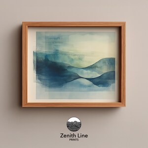Moody Coastal Abstract Landscape - Minimalist Wall Art, Soft Watercolor Layers, Teal Blue Waves, Modern Printable Decor, Digital Art 669