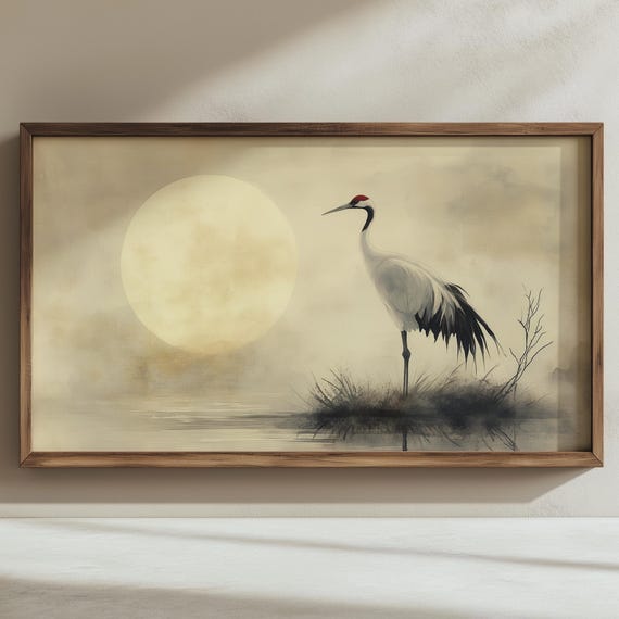 Japanese Crane Art for Samsung Frame TV, Serene Watercolor