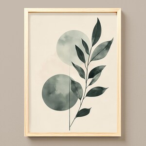 Minimalist Sage Green Leaves Print - Modern Botanical Wall Art, Calming Neutral Decor, Soft Watercolor Circles, Subtle Geometric Design 215
