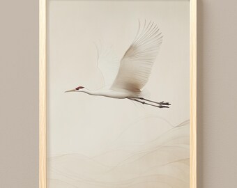 Elegant White Crane Watercolor, Minimalist Asian-Inspired Wall Art (Digital Download) 164